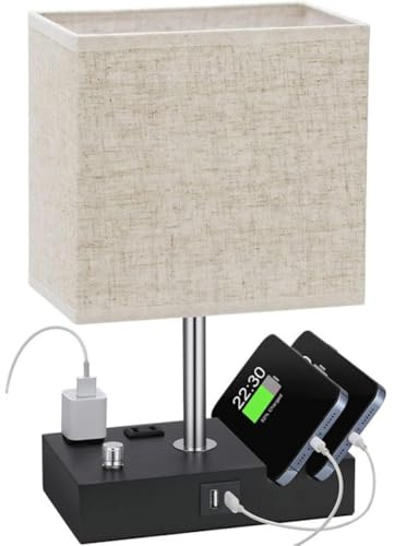 LOGT Nachttischlampe Dimmbar, Tischlampe mit Ladefunktion USB A+C-Anschlüssen Steckdosen 2, Vintage Tischleuchte mit Drehschalter Stoffschirm Metall Sockel E27 Nachtlicht für Nachttisch,Leinen