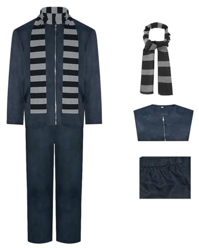 kejoyoucos Grau Kostüm mit Künstlicher Nase Schwarz Gestreifter Schal Zubehör Halloween Karneval Cosplay Set Outfit für Erwachsene Männer