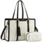 LOVEVOOK Laptop Handbags for Women 15.6 inch Canvas Tote Bag with Compartments Ladies Teacher Work Bag Large Shoulder Cross Body Bag Waterproof for Office Business School College Shopping White