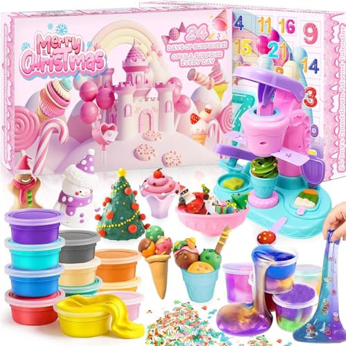 Slime Advent Calendar 2024 for Girls - 24 Days of Slime and Charms Kit - Ice Cream Maker Machine Toy for Kids- Color Dough Advent Calendar with Slime Play Toy & Clay Dough
