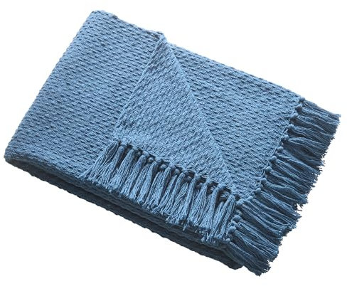 Drift Home - Blaugrüner Überwurf mit Quaste (180 x 130 cm) – nachhaltige recycelte Baumwolle – gewebte Decke in Blaugrün – Korbgeflecht – strukturierte Sofaüberwurfdecke blaugrün – blaugrüne