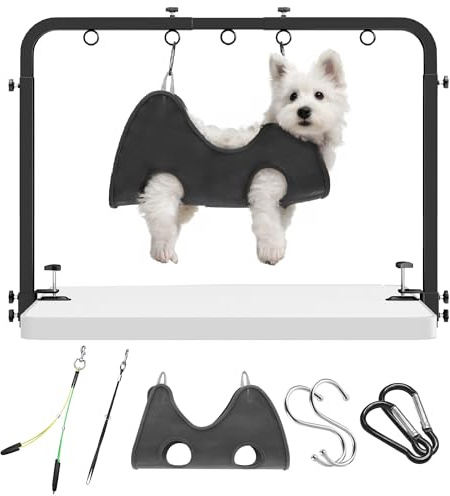Josmimic Hundepflegetisch-Arm für Trimmtisch, höhenverstellbar, 107 cm hoch, 69–99 cm breit, mit Tischklemme bis 7 cm, Hängematte & 2 Anti-Sitz-Schlaufen, für kleine und große Hunde & Katzen