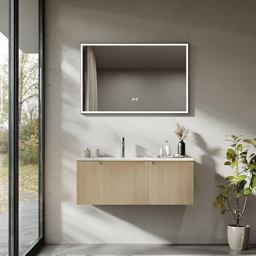 BRIDGE BENO Mueble de lavabo colgante con lavabo de resina mineral, cajón y puerta ultrafina de cierre suave, acento estriado, adecuado para baños grandes (Golden Sand, 100 cm)