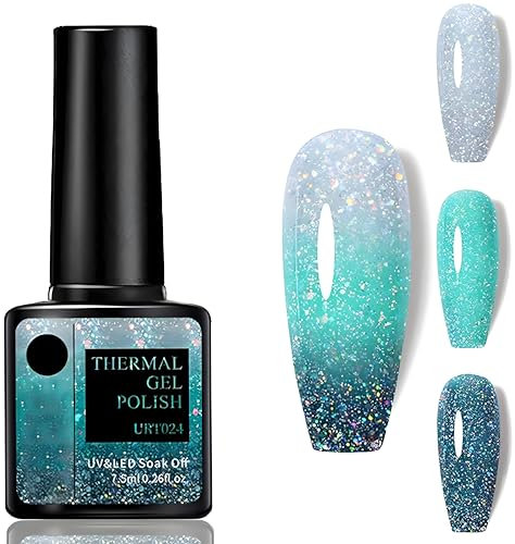 Thermal Temperature Color Changing Gel Nail Polish with Diamond Glitter Reflective, Long Lasting Glossy Nail Polish for DIY Nail Art Manicure at Home Salon(Twinkling Green)
