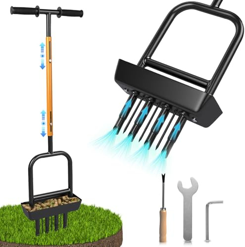 2-in-1 manueller Rasenbelüfter mit Boden-Kern-Aufbewahrungsschale, 104,9 cm, robuster Karbonstahl, Garten-Rasenbelüfter, multifunktionaler Spieß und Dübelbelüfter für verdichteten Boden (schwarz +
