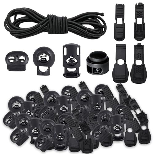 10m Elastische Gummischnur 3mm, Gummiband Rund Schnur Elastische Gummiseil mit 40 Kordelstopper Kordelklemme 40 Kordelstopper, Doppel-Loch Kordelstopper, für Rucksack, Wäscheleinen, Schnürsenkel