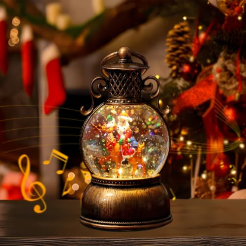Weihnachts Schneekugel Laterne mit Musik, Weihnachtsdekoration LED Vintage Weihnachten Wasser glitzernde Verschneiter Globus Nachtlicht, USB und batteriebetrieben Schneekugel Geschenk für Weihnachts