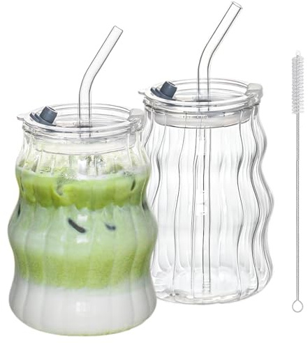 AUTOWNLUX Gerippte Trinkgläser mit Glasstrohhalmen 2er Set, 530ml – Vintage Blasenglas für Eiskaffee, Longdrinks, Cocktails & Wasser, stilvolle wave Glasbecher