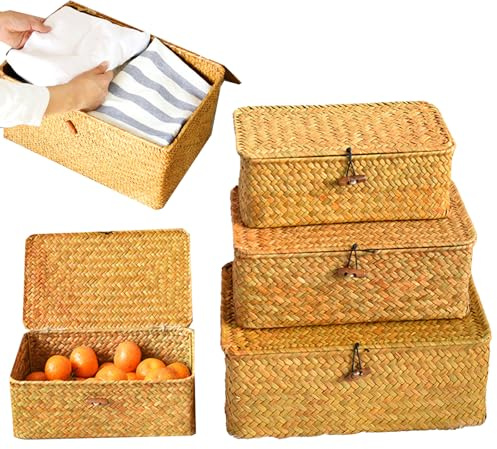 Korb Aufbewahrung, 3 Stück Rattan Korb mit Deckel Korbs für Geschenke aufbewahrungskorb Geflochten Multifunktional Seegras Korbs Make-Up Organizer für Badezimmer Wohnzimmer Küche