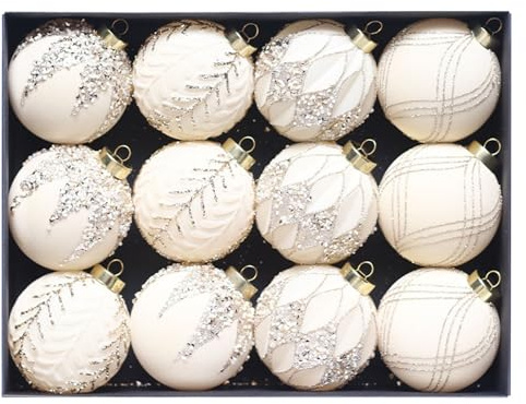 Set mit 12 beflockten Weihnachtskugeln, 8 cm, zum Aufhängen, zarte Weihnachtsdekoration für die Dekoration von Haus oder Party (A)