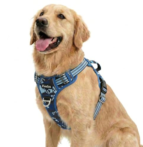 Funfox Hundegeschirr Mittelgroße Hunde, Anti Zug Brustgeschirr Verstellbares Geschirr Hund mit Griff Reflektorstreifen, No Pull Geschirr Hund für Kleine Mittlere Grosse Dog Harness Mosaik Blau L