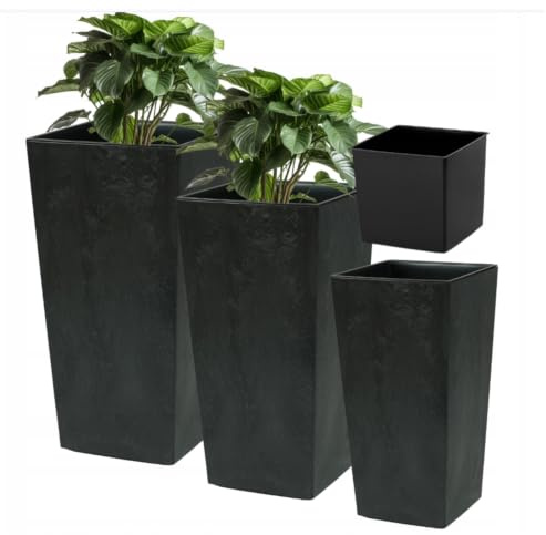 FEINZ Blumentopf Set 3 Größen 37/47/57 cm Grafit Rattanoptik | Mit Pflanzeinsatz, Recyclingkunststoff, Rattanoptik, für Innen und Außen, robust und wetterfest