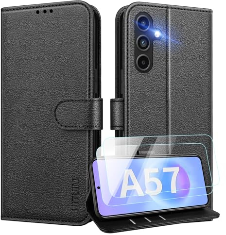 UITUIM Phone Case for Samsung Galaxy A57 5G Flip Cover Leather,Black | with 2 Tempered Glass Screen Protector RFID Blocking Wallet Card Holder Slot Kickstand Shockproof Magnetic Full Protection