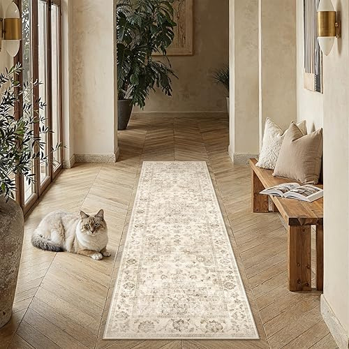 HUGEAR Vintage Teppich Läufer Flur 80x300cm Beige Waschbar | Waschbarer Teppich, Rutschfest Weich, Kurzflor Retro, für Vorzimmer, Schlafzimmer Küche, Brücken Hallway, Carpet