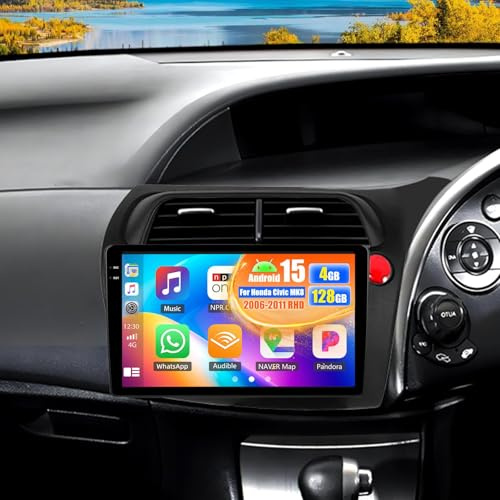 Estéreo inalámbrico para Coche 6G 128G Android 15 para Honda Civic MK8 2006-2011 RHD, Radio con Pantalla táctil IPS de 9'' con CarPlay, Android Auto, WiFi, GPS, BT, FM, RDS, EQ, SWC, cámara