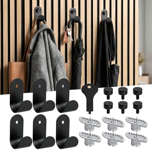 Haken Akustikpaneele ohne Bohren Schwarze, 6 PCS Akustikpaneele Garderobenhaken aus Metall Hohe Tragfähigkeit und rostfrei Flexibel und anpassbar wandpaneele haken für Horizontalen/Vertikalen Paneelen