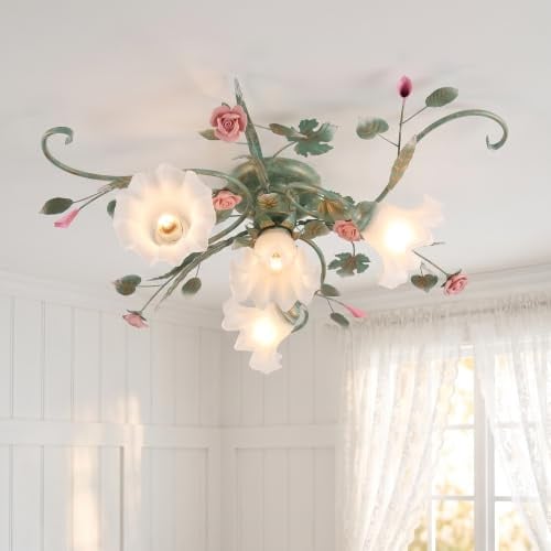 meibeileil Deckenleuchte Landhaus,Vintage Blumen Design Metall Pendelleuchte, Kronleuchter Mit Glas Lampenschirm Und Rosa Rosen Keramik Für Wohnzimmer Schlafzimmer Restaurant Flur 4 Kopf Grün
