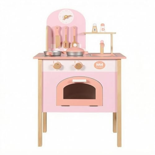 Jiuvaso Cucina Giocattolo in Cucinino Fornelli Lavello Forno Pannello Ripiano Manopole Accessori Pentole E Posate Dettagli Realistici Legno Acciaio Adatta per, Rosa