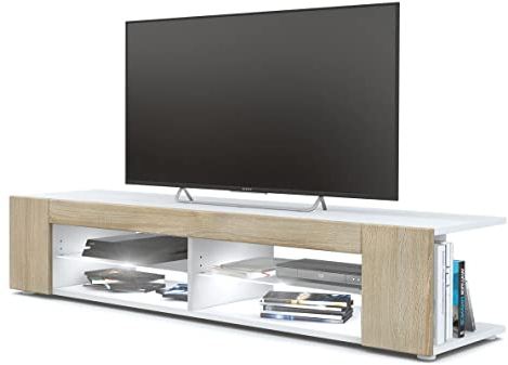 Vladon Lowboard Movie, TV-Kommode mit 4 offenen Fächern und Zierleisten, Weiß matt/Eiche Sägegrau, inkl. LED-Beleuchtung weiß (134 x 29 x 39 cm)