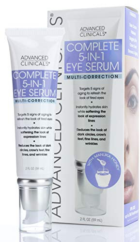 Advanced Clinicals 5-in-1 Multi Correction Anti-Aging Eye Serum with Retinol, Collagen, Vitamin C, and Manuka Honey. For dark circles, wrinkles, crow's feet, fine lines. Large 2oz airless tube.