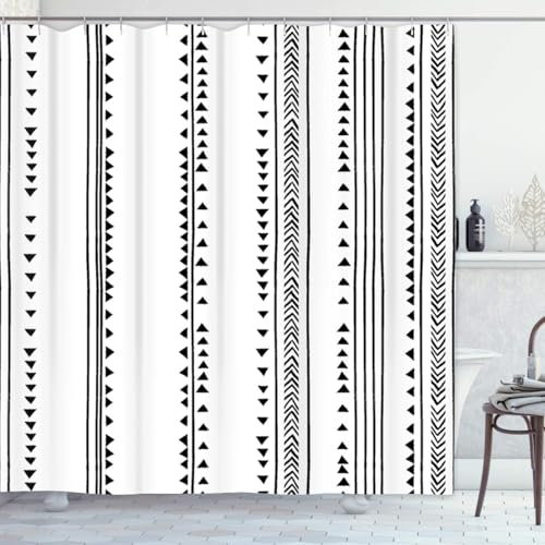 Rideau de douche gris africain triangle rayé bohémien motif à chevrons monochromatique noir blanc moderne géométrique salle de bain tissu polyester imperméable 183 x 183 cm