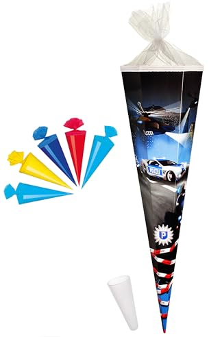 alles-meine.de GmbH Set Schultüte + 5 kleine Zuckertüten - Polizei Auto - Fahrzeug & Helikopter - 85 cm - eckig - Tüllabschluß - Zuckertüte - mit/ohne Kunststoff Spitze -..