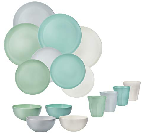 Colourworks Melamine Dinner Set with Plastic Bowls, Plates and Cups, Classics Colours, 16 Pieces