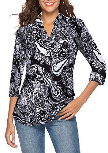 CEASIKERY Women's 3/4 Sleeve V Neck Tops Casual Tunic Blouse Loose Shirt, Black0, XL