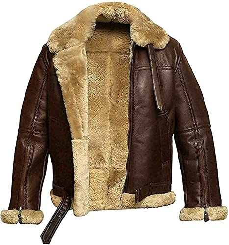 HiFacon Herren Aviator RAF B3 Ginger Shearling Schaffell Bomber Lederjacke Flying