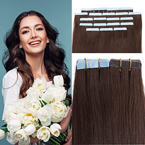 Extension Cheveux Naturel Adhesif Humains - Extension Adhésive Cheveux Naturel - Bande Adhésive Extension Cheveux Adhésive Brun - 60 CM 04#Marron Chocolat [1.5g X 20 Pièces]