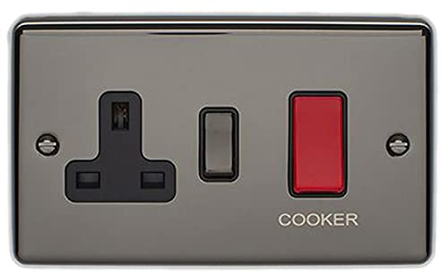 45A DP Oven/Cooker Switch & Neon Light – POLISHED BLACK NICKEL & Black Trim – 45 Amp Double Pole – Decorative Wall Plate & Red Rocker – On/Off Mains Appliance/Boiler Power Switch
