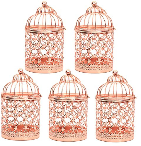 Anawakia bougeoirs en Forme de Cage d'oiseau en métal Photophore en métal Bougeoirs pour Cage à Oiseaux Décoration Vintage pour décoration de Table ou de Mariage (Or Rose,5pcs)