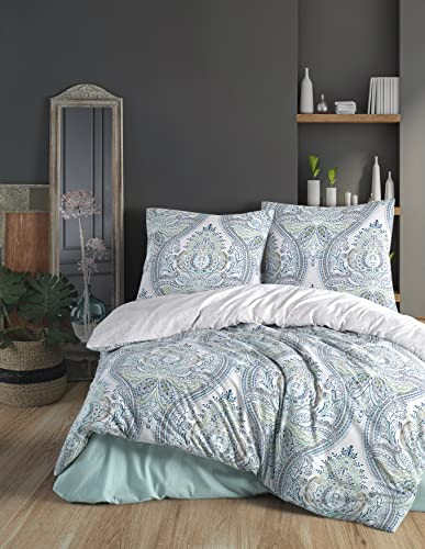 ZIRVEHOME Premium-Bettwäsche-Set 3-teilig – Barock-Paisley-Muster in weiß Türkis, 200x200 cm, 100% Renforcé-Baumwolle, Wendebettbezug mit Reißverschluss, inklusive 2 Kissenbezüge 80x80 cm RUMA V1