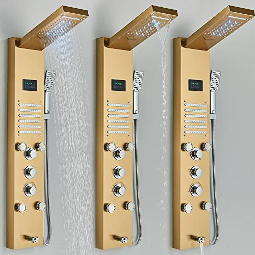 LED Shower Panel Tower Waterfall and Rainfall Head Spray Set Massage System Faucet-Brushed Gold