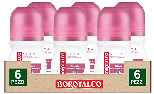 6 x Borotalco Deoroller aus Seide, Duft von Talkum und rosa Blumen, Schutz 48 Stunden, mit Talkum mit aktiven Kristallen, 6 Flaschen à 50 ml