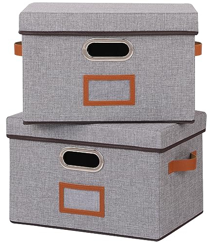 OUTBROS Storage Containers with Lids, Clothes Bins for Shelves, Foldable Cube Wardrobe Organiser, Fabric Decorative Boxes for Home, 32 x 23 x 20 cm, Grey, 2-Pack