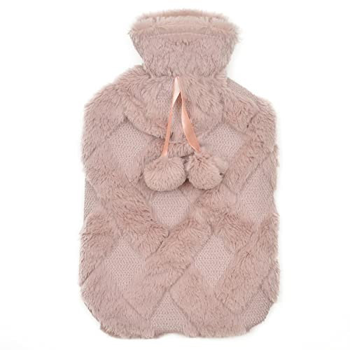 Olivia Rocco Diamond Fleece Hot Water Bottle with Knitted Cover Hot Water Bag for Hot and Cold Compress, Hand Feet Warmer, Neck and Shoulder Pain Relief (Pink)