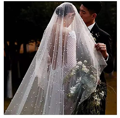Ohne Kamm Weiß/Elfenbein/Champagner Langer Brautschleier Einschichtiger Rouge-Schleier mit Perlen Hochzeit Perlenschleier (Color : White, Item Length : 250cm)