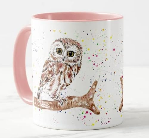 Vixar Owl British Wildlife Hand Painted Design Watercolour Art Coloured Mug Cup Gift Birthday Work Office Christmas Tea Coffee (Pink)