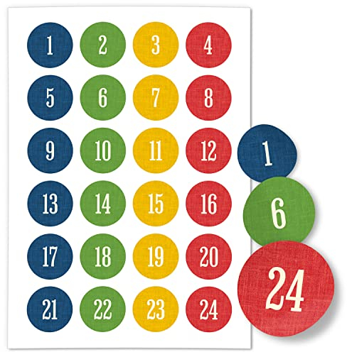 Adventskalender-Zahlen Aufkleber 1 bis 24 / Schlichter Zahlenmix blau rot grün gelb/Etiketten/Sticker/Weihnachtskalender/Advent/Rund/DIY/zum Aufkleben