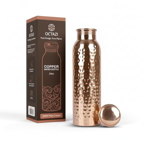 Bouteille d'eau en cuivre pur – 963,9 g – Fait à la main – 1 litre anti-fuite fabriquée à la main pour boire avec des bienfaits ayurvédiques pour la santé pour le sport, le fitness, le yoga, boire