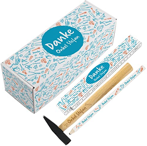 Herz & Heim® Heimwerker Geschenkset -Danke-/ Hammer, Zollstock, Bleistift/mit Wunschname