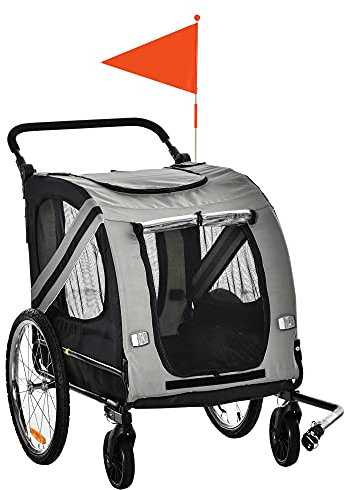 PawHut Remorque à vélo pour Chien Convertible Jogger 2 en 1 pour Animaux avec Drapeau réflecteurs - Gris et Noir