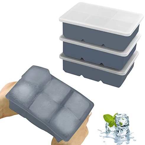 JOPHEK Bandejas de Cubitos de Hielo, 3 Piezas, 18 Cubos, Moldes de Silicona con Tapa, Cubitos Cuadrados Grandes de 4,8cm para Cócteles, Whisky, Vino, Frutas, Puré de Frutas