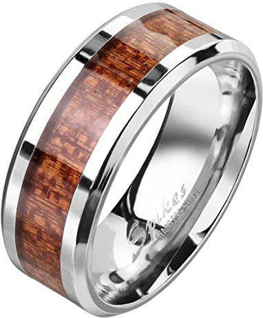 Mianova Band Ring Edelstahl Fingerring Holz Inlay Holzmaserung Herrenring Damenring Partnerring Ehering Damen Herren Größe 59 (18.8) | Silber
