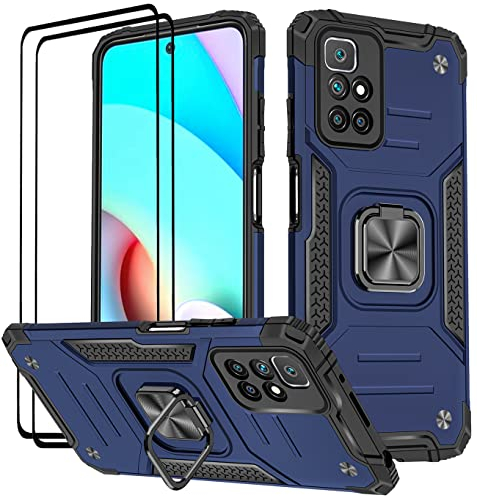 KANSi Hülle für Xiaomi Redmi 10 / Redmi 10 2022, Schutzfolie [2 Stück] Silikon TPU Hart PC Handy Hüllen 360 Grad Drehbar Ringhalter Bumper Stoßdämpfung Schutzhülle - Blau