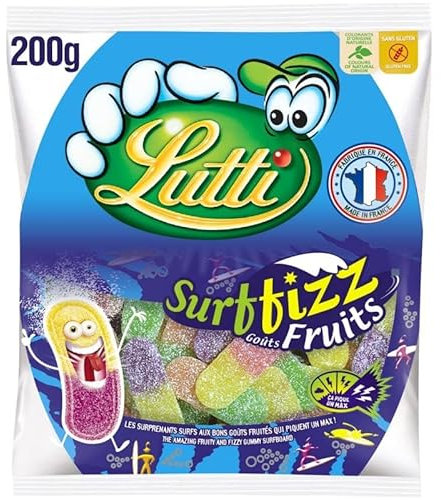 LUTTI - Surfizz Fruits, Bonbons acidulés et fruités - Sachet de 200g pour une pause gourmande pleine de peps ! - Lot De 4 - Vendu Par Lot