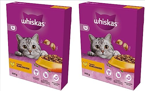 Whiskas Adult 1+ Katzentrockenfutter für Erwachsene Katzen mit Huhn 2er Pack (2 x 300 g) im Karton