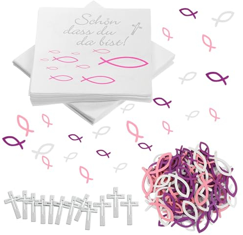 Servietten Fisch Rosa 40 Stück Servietten ‘Schön dass du da bist' mit 144 Holz Fische Deko und 12 Kreuz Taufdeko Mädchen Servietten für Konfirmation Servietten Taufdeko Tisch Deko