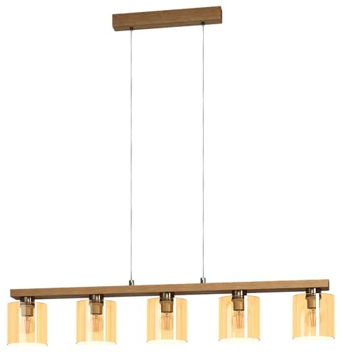 EGLO Hängelampe Castralvo, 5-flammige Pendelleuchte Esstisch, Hängeleuchte aus Glas in amber und Holz in Natur, Esszimmerlampe hängend, E27 Fassung, 121 cm, FSC zertifiziert